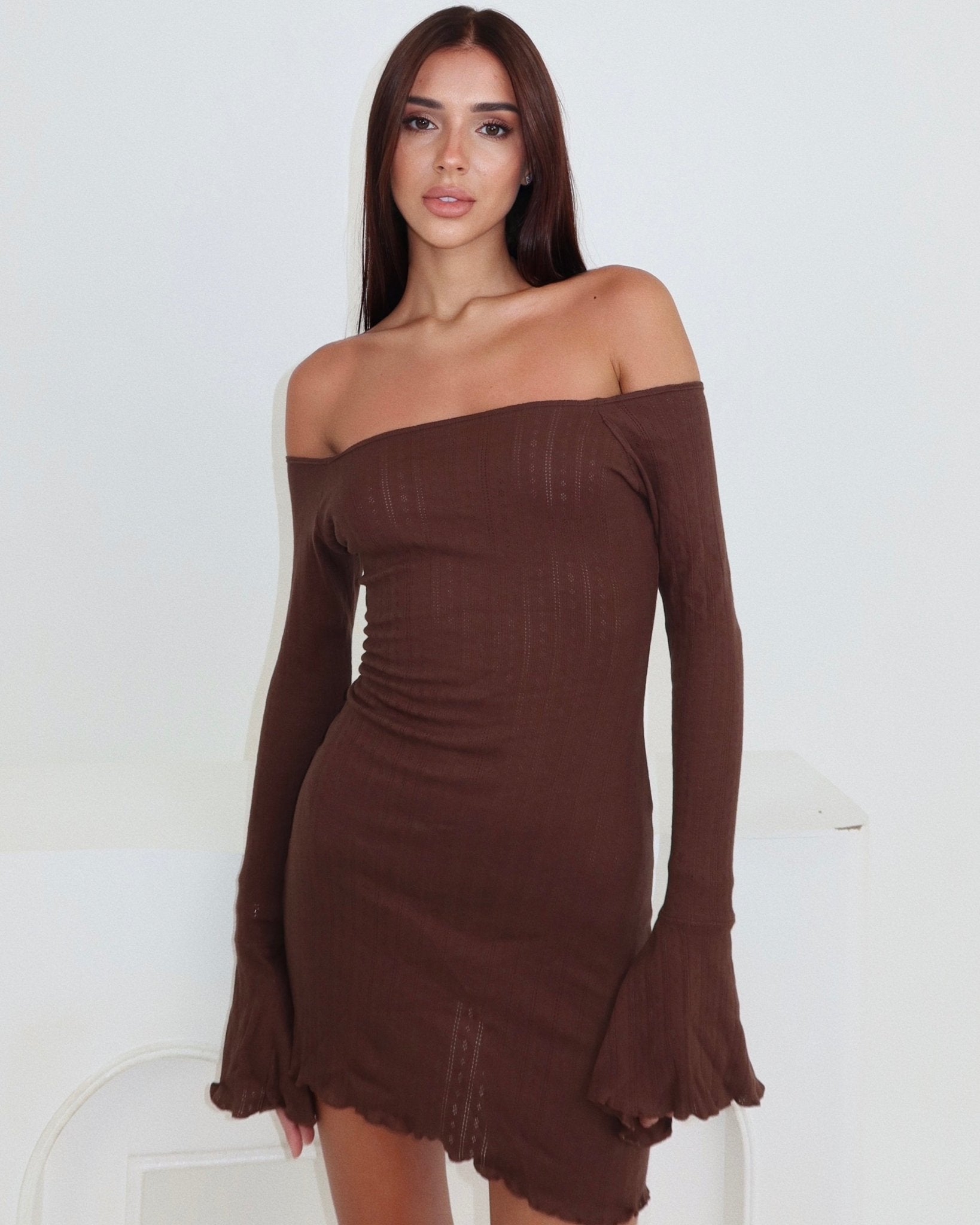 100% Cotton Kimia Off-Shoulder Dress Choco - STORMYY