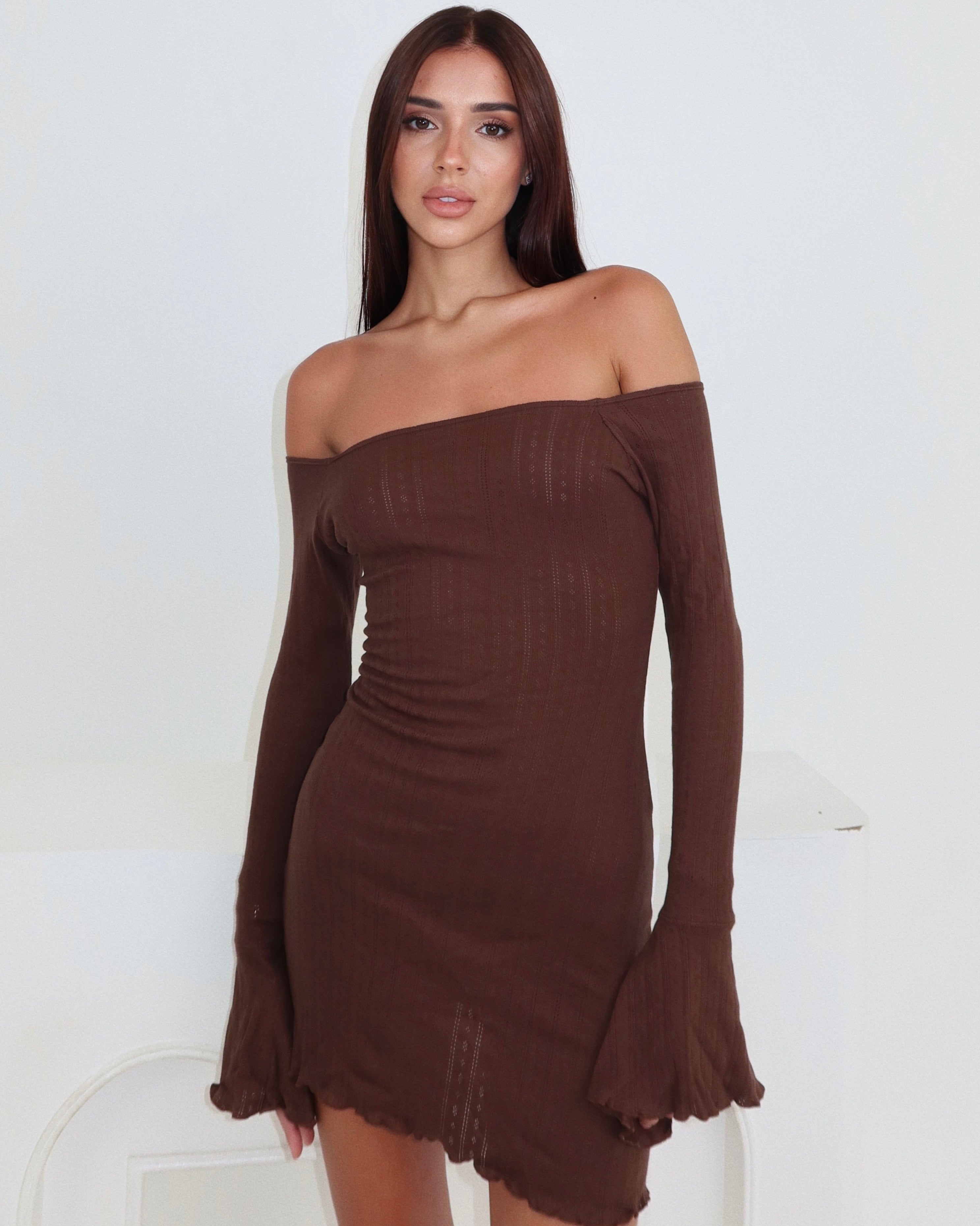 Kimia Off-Shoulder Dress Choco Soft Dress | STORMYY Kimia Off-Shoulder Dress Choco Soft Dress | STORMYY